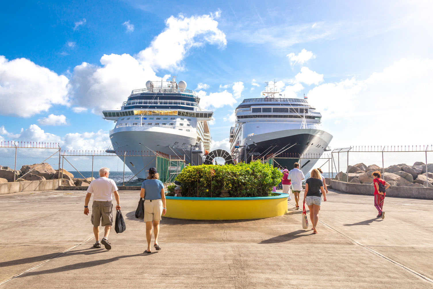 Cruise passengers return to cruise ships at St Kitts Port Zante cruise ship terminal